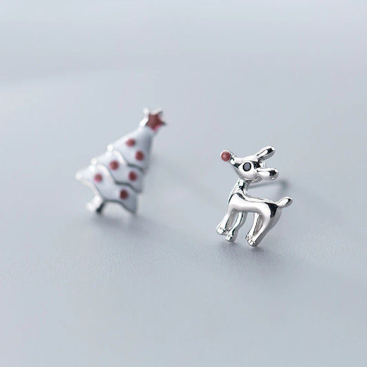 Sterling Silver Deer Christmas Tree Asymmetrical Stud Earrings for Women - Girl Christmas Gift Jewelry