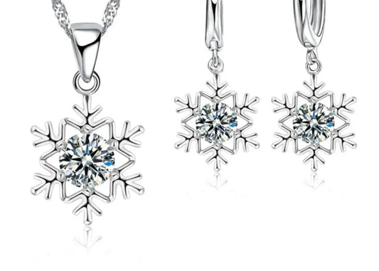 Sterling Silver Snowflake Women Christmas Jewelry - Set Zircon CZ Crystal Pendant Necklace Earrings Party Gift