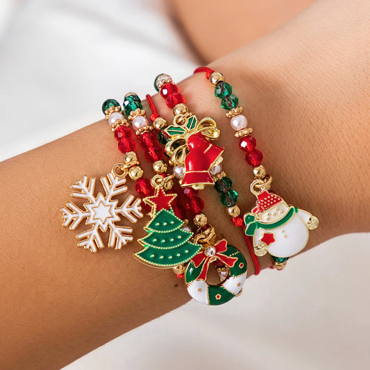 5pcs/set Cute Christmas Series Snowflake Tree Pendant Crystal Bracelet Women CCB Beads Adjustable Thread Rope Bracelet