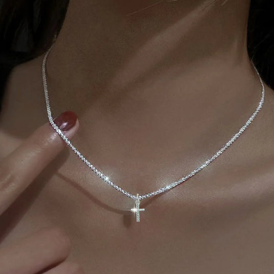 925 Sterling Silver Cross Zircon Christmas Necklace - Personalized Geometric Pendant Choker Birthday Party Gift Women's Fine Jewelry