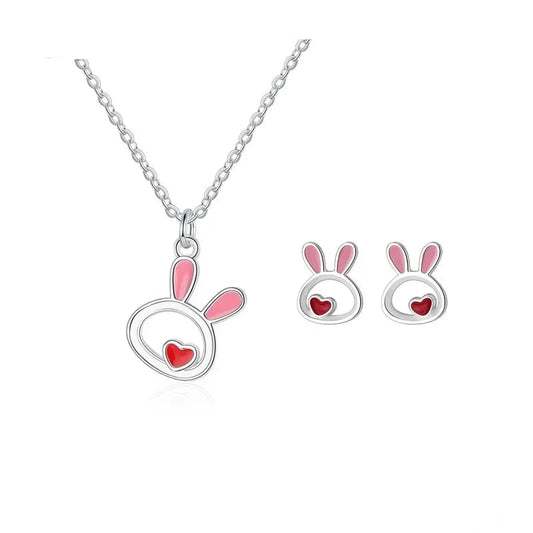 Sterling Silver Cute Rabbit Necklace + Earring Two Piece Set Trendy