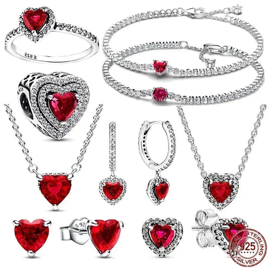 Red heart shaped cubic zirconia gemstones adorned pendant set