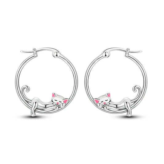 Sterling Silver Women's Pet Christmas Party 10- Model Earrings - Pink Ears Small Lazy Big Circle Cat Creative Jewelry Accessories