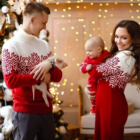 2024 New Winter Matching Christmas Sweaters for Family Turtleneck Dad Kids Jumpers Mom Knitting Dress Warm Thick Pullover Tops